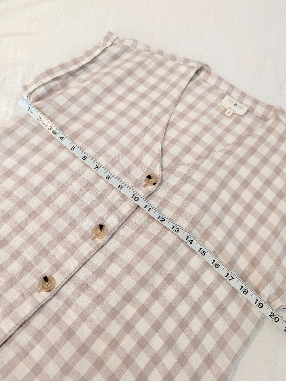 Lou & Grey Gingham Linen Shift Dress Cap Sleeves Casual Summer Cream Brown Small - Picture 7 of 13